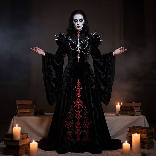 Photograph of a pale, dark-haired woman in a black, gothic dress with red embroidery, adorned with silver jewelry, standing amidst lit candles and