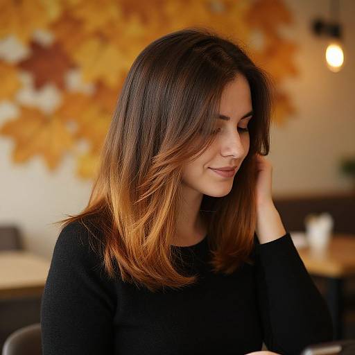 Photograph of a smiling woman with brown and orange ombre hair, wearing a black sweater, in a warmly lit café with autumn leaves decor in