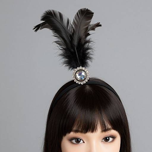 Close-up photograph of an Asian woman with black hair, wearing a black feathered headpiece with a jeweled center, set against a light blue background
