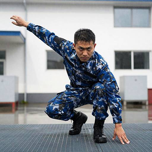 Crouching Soldier in Blue Camo During Rain