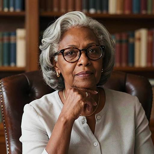 Photograph of an elderly woman with short gray hair, black glasses, white button-up shirt, and gold necklace, sitting in a leather chair against a