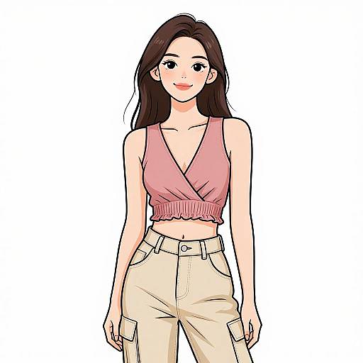 Digital illustration of a smiling young Asian woman with long black hair, wearing a pink crop top and beige cargo pants.