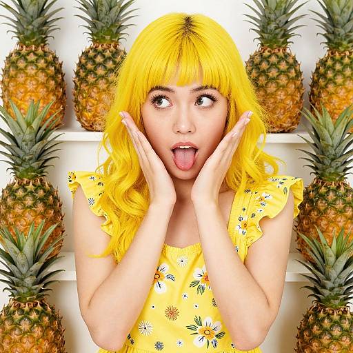 Photograph of a surprised woman with bright yellow hair and bangs, wearing a yellow floral dress, hands on cheeks, tongue out, surrounded by pine