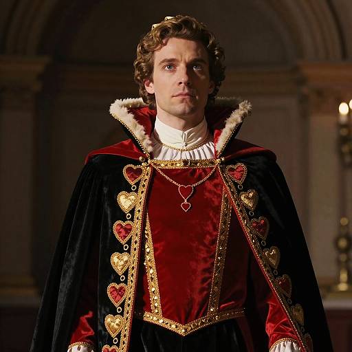 Photograph of a curly-haired man in a richly detailed, red and black velvet royal robe with gold heart embroidery, white ruffled collar, and