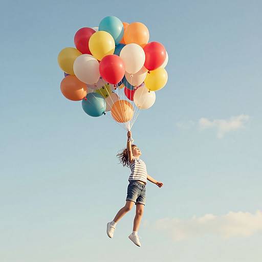 Child Soaring with Vibrant Balloons