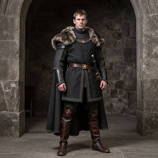 Photograph of a stern, muscular man in medieval knight armor with fur-lined cloak, leather boots, and belt, standing in a dark stone archway