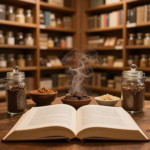 Photograph of an open book on a wooden table with steaming spice jars and bowls of spices in a cozy, book-filled library background.