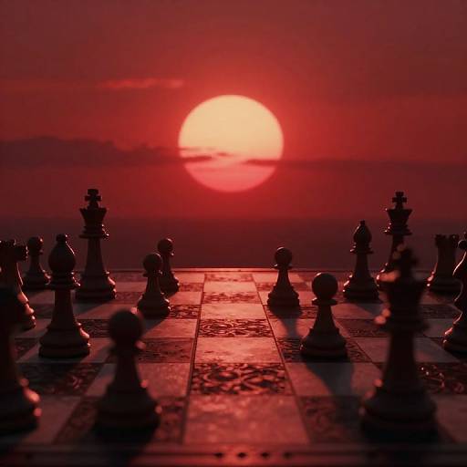 Apocalyptic Chessboard Under Blood-Red Sun