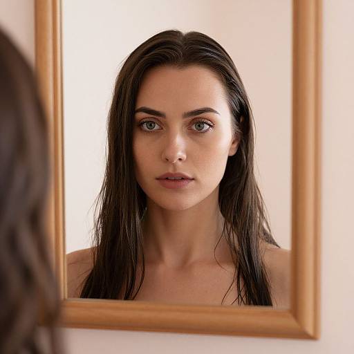 Photograph of a young woman with wet, dark brown hair, blue eyes, and fair skin, reflected in a wooden-framed mirror.