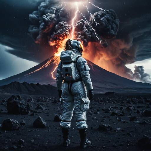Astronaut Amidst Erupting Volcano and Storm Astronaut Amidst Erupting Volcano and Storm