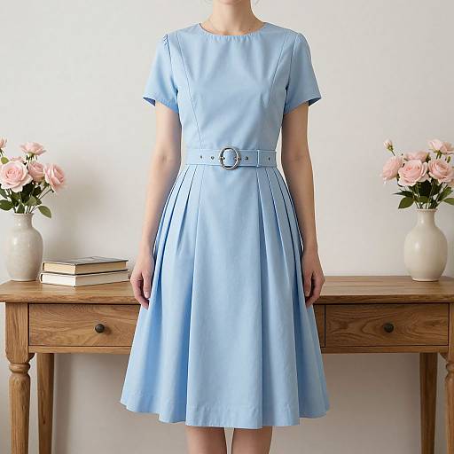 Photograph of a woman in a light blue, short-sleeved, knee-length dress with a belt, standing in front of a wooden table with
