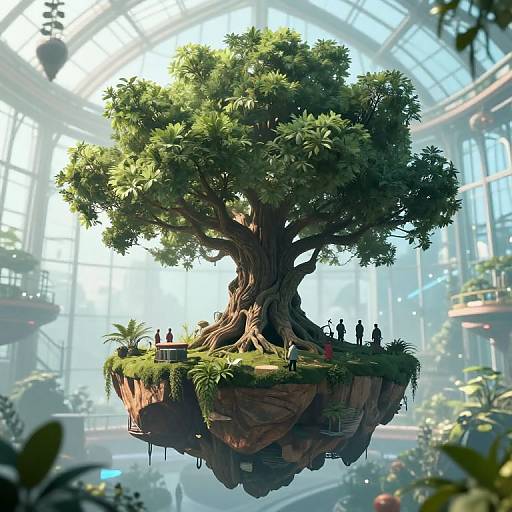 Surreal Cyberpunk Floating Tree Scene