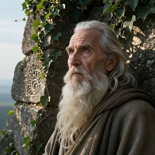 Photograph of an elderly white man with a long white beard, wearing a brown robe, standing against a stone wall with ivy, looking pensively