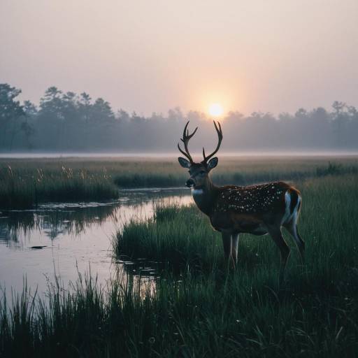 Deer in Foggy Marsh at Sunset Deer in Foggy Marsh at Sunset