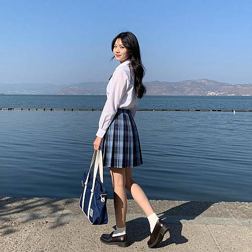 Asian Woman at Lakeside in School Uniform