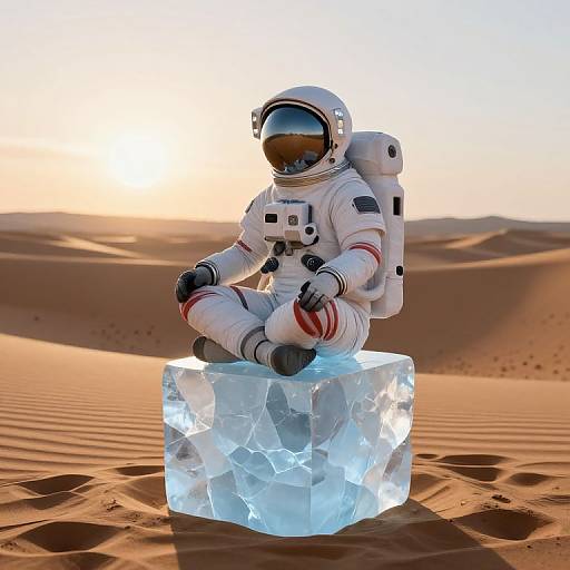 CGI astronaut statue in white spacesuit with red stripes, sitting on a glowing blue crystal block in a desert sunset.