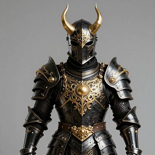 Photograph of a detailed black samurai armor with gold horned helmet, intricate gold chest plate, and ornate shoulder guards.