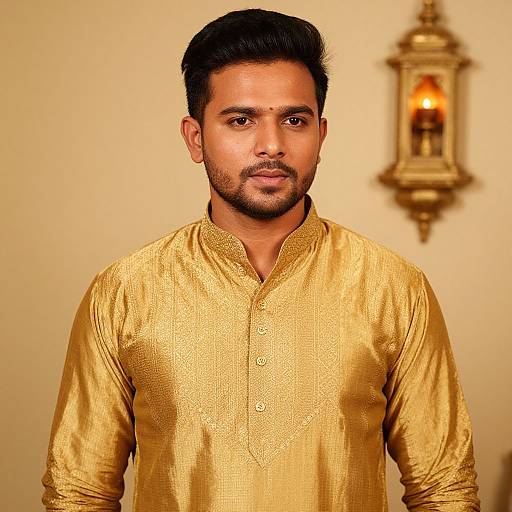 Photograph of a handsome Indian man with dark hair and trimmed beard, wearing a shimmering gold traditional kurta, standing against a beige wall with a