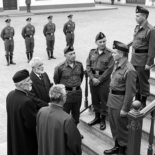 Black and White Military Discussion on Staircase