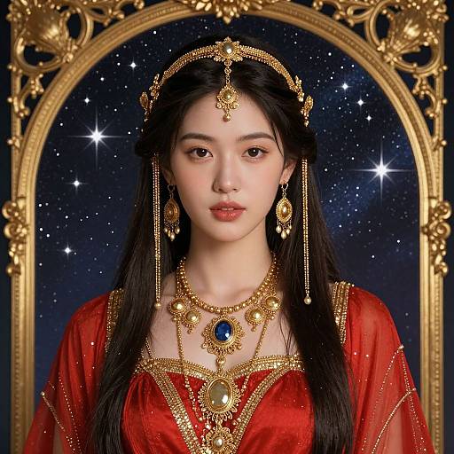Digital portrait of an Asian woman with long black hair, wearing elaborate gold jewelry and a red, embroidered dress, against a starry night background framed in