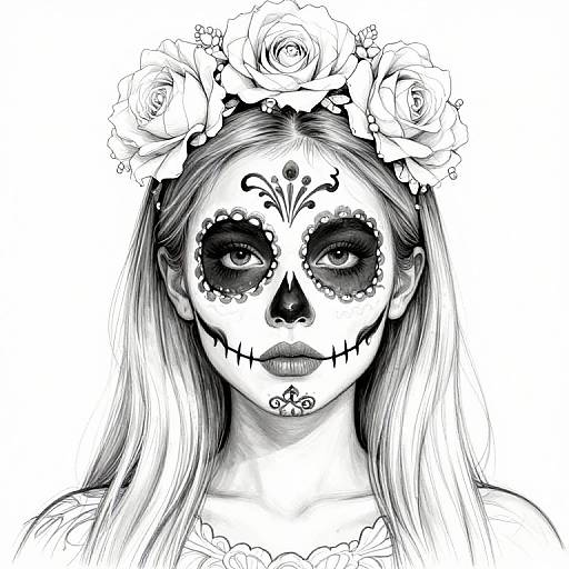 Black and white digital drawing of a long-haired woman with a sugar skull face, adorned with flower crown, detailed eye sockets, and floral patterns on her