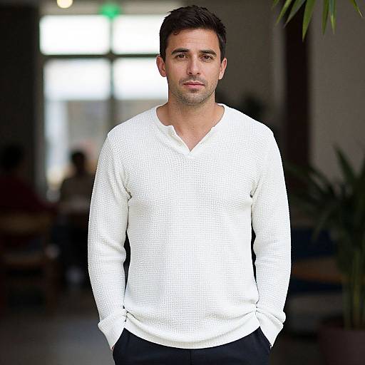 Photograph of a handsome, dark-haired man with a short beard, wearing a white, textured, long-sleeve shirt, standing indoors with a