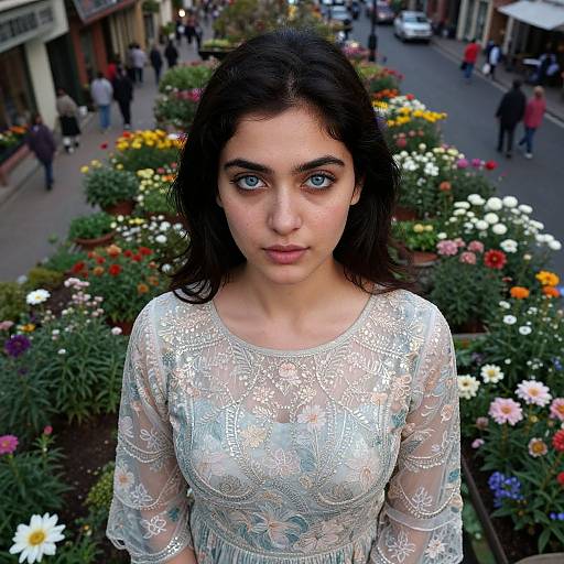 Photograph of a young woman with dark hair and blue eyes, wearing a lace white top, standing in a colorful flower-filled urban street. Background includes