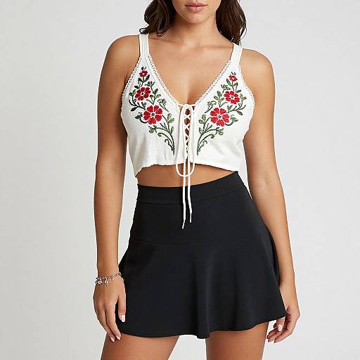 Photograph of a woman with tan skin, wearing a white floral crop top and black skirt, showing midriff, white background.