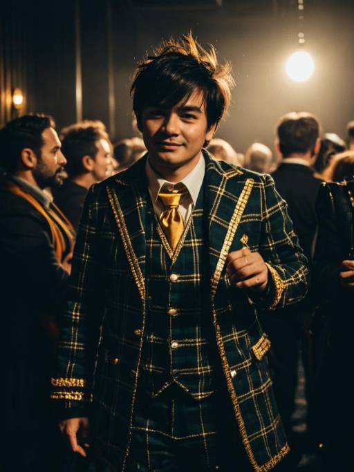 Man in Plaid Munchkin Costume at Event