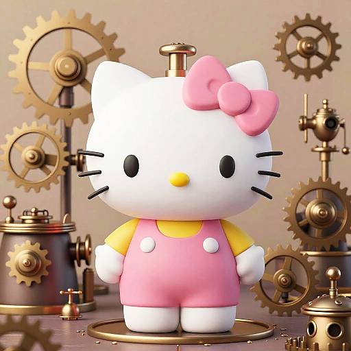 Digital CGI image of Hello Kitty with a pink bow, yellow nose, and pink overalls, standing among steampunk gears and machinery.