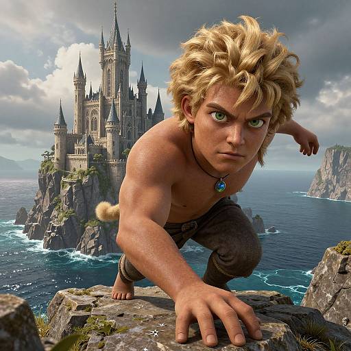 CGI image of a muscular, shirtless, blonde-haired young man with intense green eyes crouching on a rocky cliff, overlooking a fantasy castle