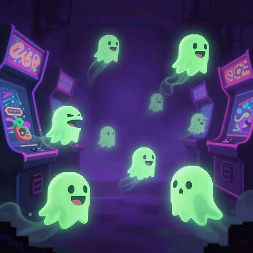 Digital illustration of glowing neon green ghosts floating around colorful arcade game machines in a dark, purple-lit arcade.
