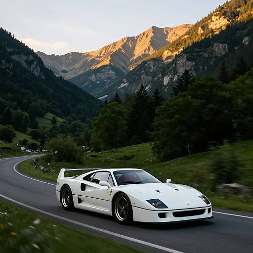 Photograph of a sleek white Ferrari racing on a winding mountain road, surrounded by lush green forest and majestic, sunlit mountains at sunset.