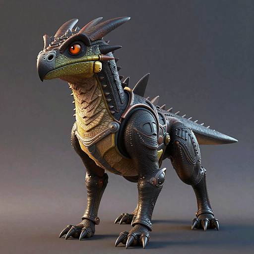 CGI fantasy dragon with metallic armor, dark green and black scales, glowing orange eyes, spiked back, and mechanical joints, standing on a gray gradient