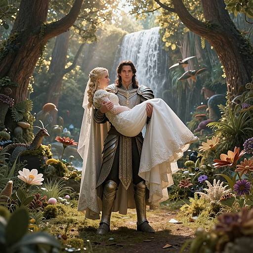 Photorealistic fantasy image of a dark-haired knight in armor, carrying a blonde bride in a white gown, standing in a sunlit, enchanted forest