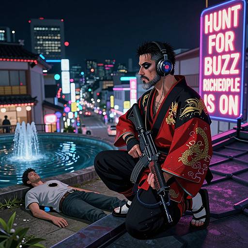 Night city scene: muscular, bearded man in red kimono with dragon embroidery, headphones, and rifle, kneels beside unconscious man by neon-l