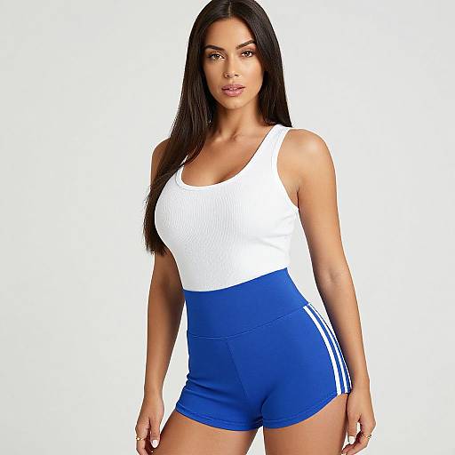 Photograph of a fit woman with long black hair, wearing a white tank top and blue high-waisted shorts with white stripes, standing against a