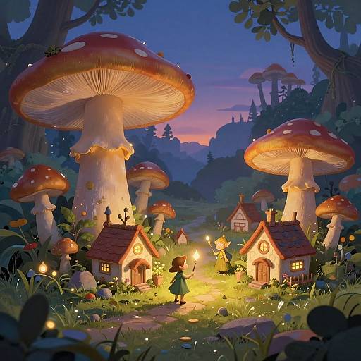Whimsical digital illustration of a fairy-tale village with glowing mushroom houses, surrounded by giant mushrooms, under a twilight sky. A child in a