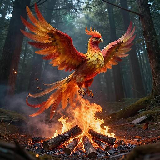 Phoenix Rising from Fire in Dark Forest