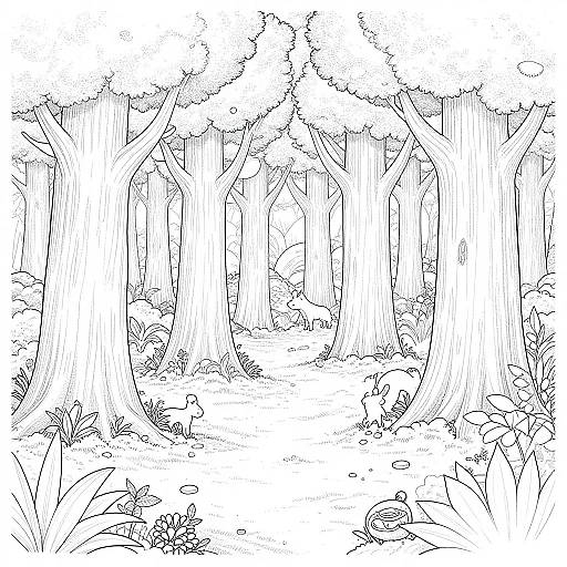Black-and-white line drawing of a dense forest with tall, thick-trunked trees, leafy canopies, and undergrowth, creating a detailed