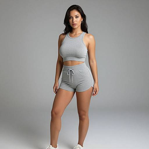 Photograph of a young woman with long black hair, light brown skin, wearing a gray crop top and high-waisted shorts, standing against a