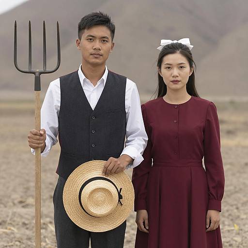 Young couple in vintage clothing with pitchfork