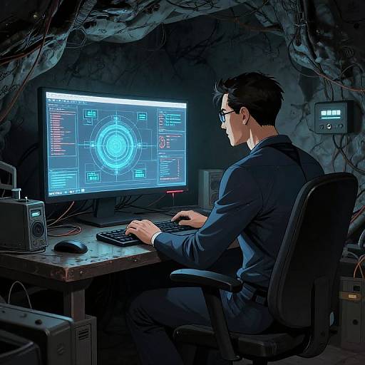 Digital art: Dark-haired man in glasses, black shirt, sits at computer in dimly lit, cave-like room, focused on futuristic interface.