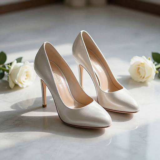 Photograph of elegant white satin high-heeled shoes with pointed toes, positioned on a marble floor, surrounded by white roses.