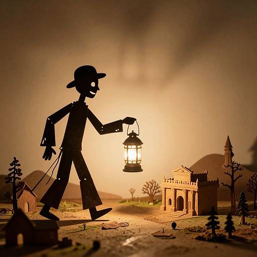 Silhouetted paper cutout of a figure in a hat holding a lantern walks past a miniature castle at sunset.
