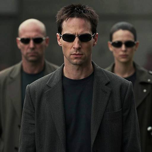 Photograph of three men in dark sunglasses and black clothing, with the central man in a textured gray blazer, standing in a shadowy background.