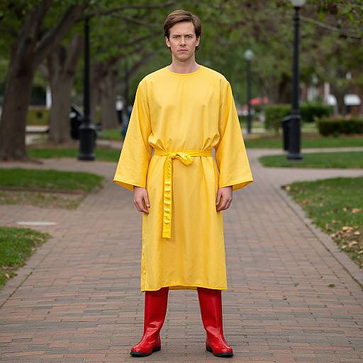 Photograph of a man in a bright yellow long-sleeve raincoat with a belt, red rain boots, standing on a brick path in a