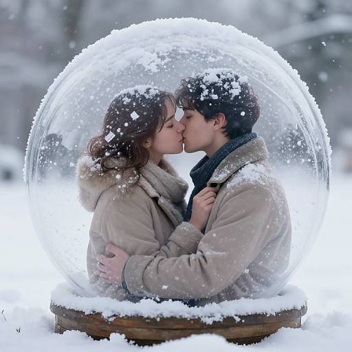 Photograph of a snow-covered glass snow globe featuring a kissing couple in winter coats, with snowflakes inside and outside the globe.