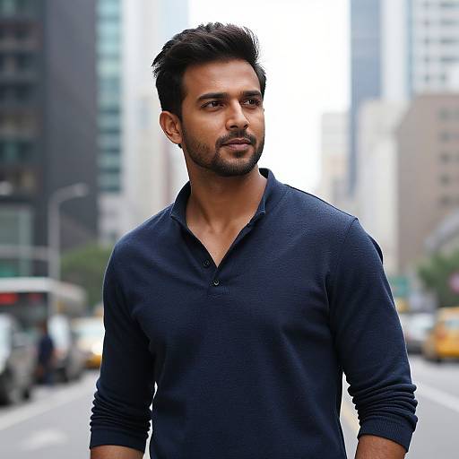 Photograph of a handsome, bearded Indian man with dark hair, wearing a navy blue polo shirt, standing on a busy city street. Blurred