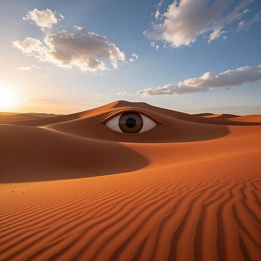 Photograph of a surreal desert landscape with an eye emerging from an orange sand dune, rippled texture, bright blue sky, scattered clouds, and